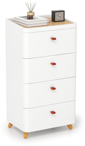 CASART Plastic Chest of Drawers, 4 Tier Storage Drawers with Bamboo Top, Storage Tower Unit Multi-Use Organiser for Bedroom Living Room Entryway Office, No Assembly Required