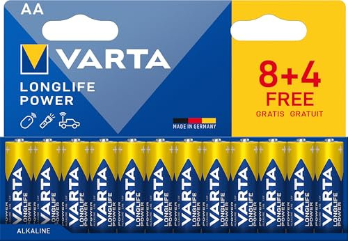 VARTA Batteries AA Pack of 12, Longlife Power, Alkaline, 1.5 V, Ideal for Toys, Wireless Mouse, Torches, Plastic-Free Packaging, Made in Germany