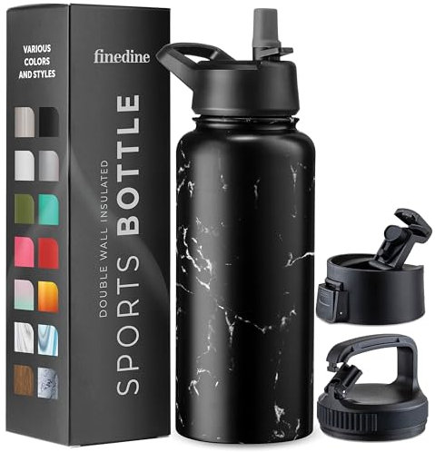 950 ML Triple Walled, Insulated Water Bottles with Straw - Stainless Steel Metal Bottle W/ 3 Leak Proof Lids - for Travel, School, Sports, Gym/Men, Women & Kids (Polished Raven Marble)