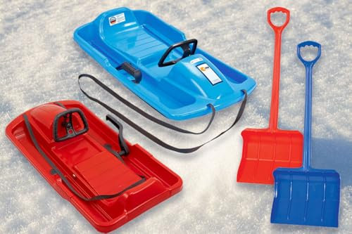 KHW | Lenkschlitten Snow Fox + Flockenschippe Set 4 | Geschwisterset | 95 cm | Rot - Blau | inkl. Zugseil | ausgefeiltes Lenksystem | kälte- und lichtbeständiger Kunststoff | Made in Germany
