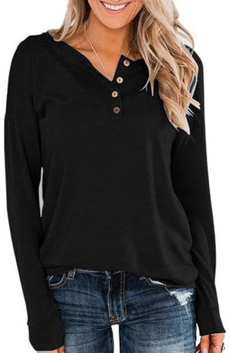 Long Sleeve Basic T-Shirts Womens Tops Casual Blouses V Neck Shirts Buttons On Cuffs Tunic Tops Solid Pullover Sweatshirts Tops Blouses