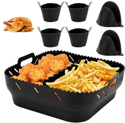 Silicone Air Fryer Liner Set with Divider, Compatible with C-osori 5.5L, N-inja Speedi 5.7L, T-efal 6.5L etc., Air Fryer Accessories, Including Mitts and Muffin Cases/Egg Moulds