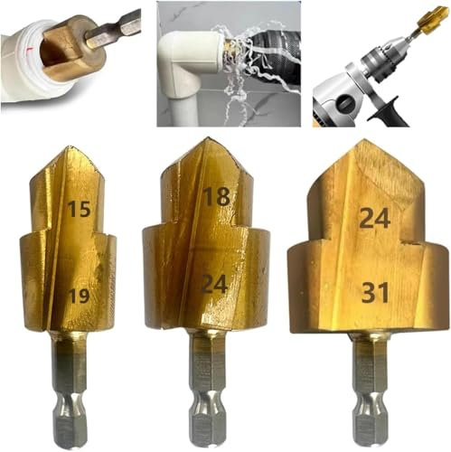 3pcs Heavy Duty Pipe Reaming Step Drill Bit Set Titanium Coated Water Pipe Lifting Drill Bits Reaming Repair Tool 1/4 Hex Shank Conduit Reamer Step Bits PVC Pipe Expander (20/25/32mm) (1)