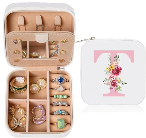 Geschenk für Frauen, Initiale Schmuckkästchen mit Blume und T, Kleine Schmuckkästchen, Reise Schmuckschatulle mit Spiegel für Damen Mädchen, Geschenk für Geburtstag Weihnachten Muttertag Hochzeit