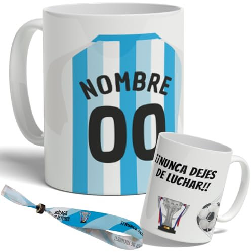 DEREGALOOS. Taza Personalizada Estilo Fútbol. Taza con Nombre y Número. Regalo Original para Aficionados.Fútbol Niños y Adultos. Pulsera de regalo. Diseño Inspirado en la 2ª División Málaga