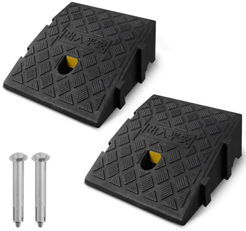 Rampas de bordillo Antideslizantes, 2 Unidades, rampa para Silla de Ruedas, Coches y Motos, plástico Resistente, Altura 7-13 cm, Incluye 2 Pernos de fijación