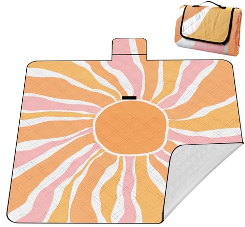 Picknickdecke XXL 200x200 cm – extra groß, wasserdicht & waschbar, isoliert mit Alubeschichtung, orange Sunburst Design, faltbar mit Tragetasche – für Strand, Park & Garten