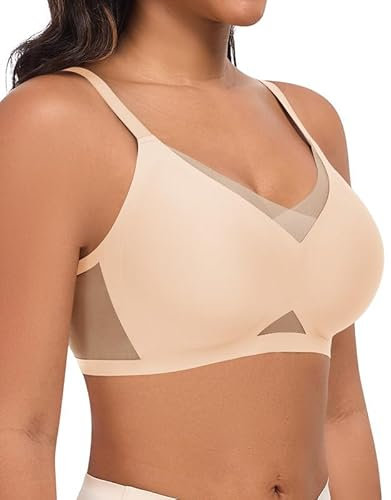 Cavotor Wireless Bras for Women Mesh Comfort Bra Non Wired Padded Support Push Up Wire Free Bras for Large Busts Soft T Shirt Bralettes with Extender (Beige,L)