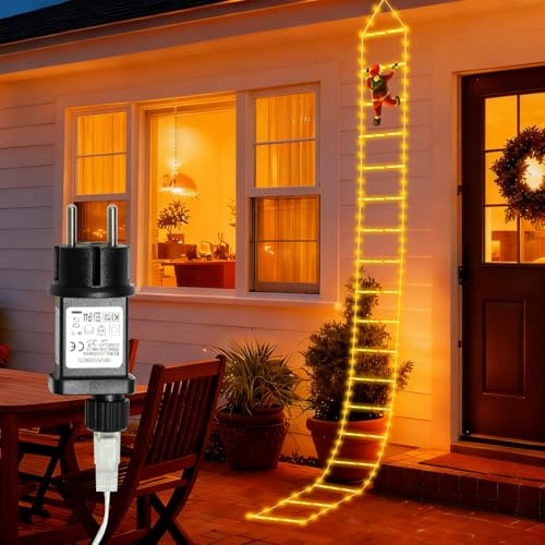 Dixmas LED 3M Weihnachtslichterkette Leiter mit kletterndem Weihnachtsmann | 8 Modi, 228 LED, Weihnachtsbeleuchtung, mit Timer, für Fenster, Garten, Haus, innen außen