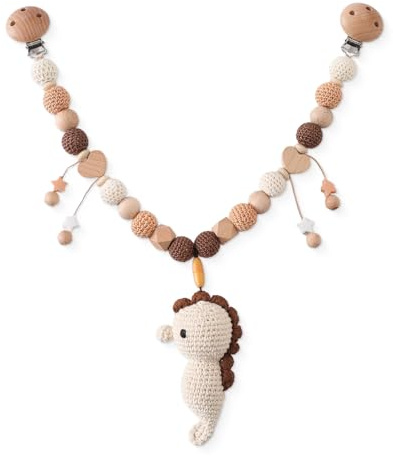 AQCQDQ Kinderwagenkette Holz Baby, Kinderwagen Anhänger Baby Mobiles Kinderwagen Kette Für Babys, Kinderwagenkette Gehäkelt Design, Geschenk zur Geburt für Neugeborenen Mädchen Junge (Seepferdchen)