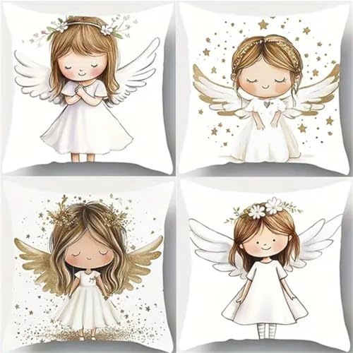 Lituor Süßer Engel Kissenbezug 40x40 cm 4er Set Kissenhülle Samt Sofakissenbezüge Moderne Cartoon-Mädchen Dekokissen für Sofa Schlafzimmer Couch Outdoor Kissenbezüge