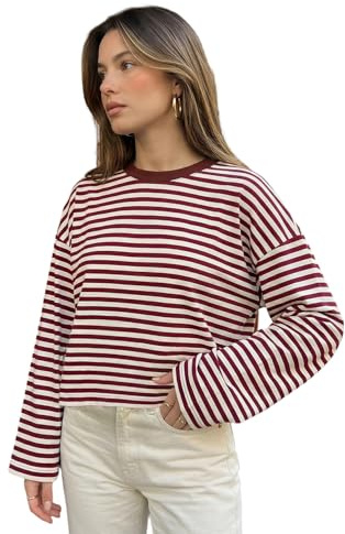 Felcia Women's Classic Striped T Shirt Long Sleeve Crew Neck Loose Casual Tops Fall Streetwear