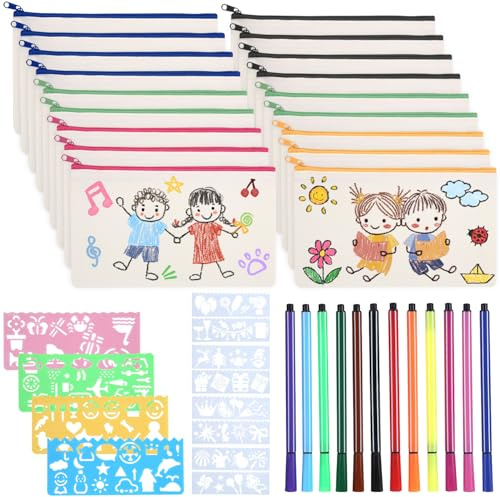 Mixara 18 Stück DIY Stoff Federmäppchen zum Bemalen, Leinwand Mäppchen inkl. 12 Buntstiften und 12 Malschablonen - Perfekt für Basteln Kindergeburtstag, Gastgeschenk und Kreativitätsförderung