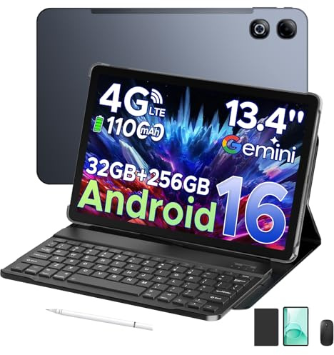 Tab G6 Max 2025 Android 16 Tablet with Pen and Keyboard, 13.4 Inch+7.7 mm Ultra-thin Tablets, 32GB+256GB, 11000mAh Battery, 13MP+8MP, Widevine L1 | 4G LTE | WiFi | GPS | OTG, Gray