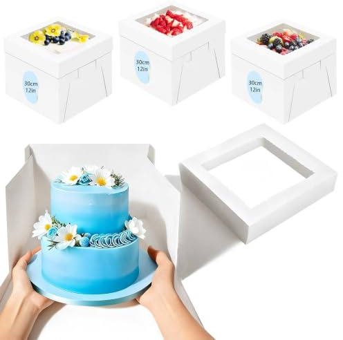 3er-Set Torten Transport Box mit Sichtfenster, 30 x 30 x 30 cm Tortenkarton | Tortentransportbox, Weiße Tortenschachtel mit Fenster, Kuchenkarton für Torten, Gebäck