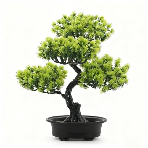 SZJFYMQ Kunstpflanze Zeder, Kunstbaum Tisch Bonsai Zeder mit 33cm im schwarzen Keramiktopf mit feinen Kieselsteinen - Künstliche Bonsaipflanze Dekopflanze klein Wohnraumdekoration