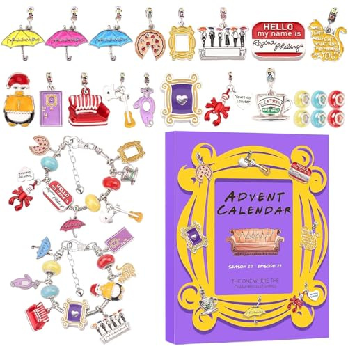 Friends Advent Calendars 2025, 24 Days of Christmas Charm Bracelet Countdown Calendar, 24 Pieces Friends TV Show Theme Merchandise Bracelets DIY Jewelry Making Set for Kids Adults Men Women Couples