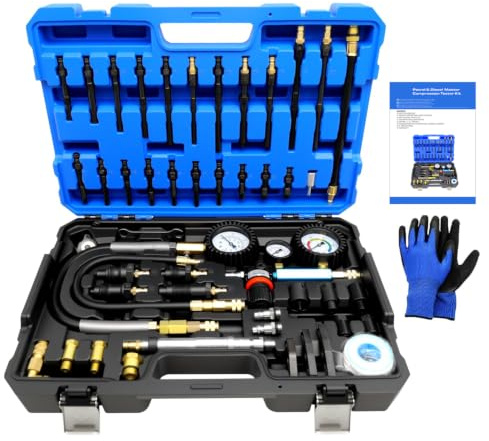 KTTOOL 47PCS Compression and Leakage Test Kit Petrol & Diesel Compression Tester Kit Automotive Cylinder Leak Down Tester with Dual Gauge Engine Compression Tester Kit for HDI, TDCi, Pumpe Duse Engine
