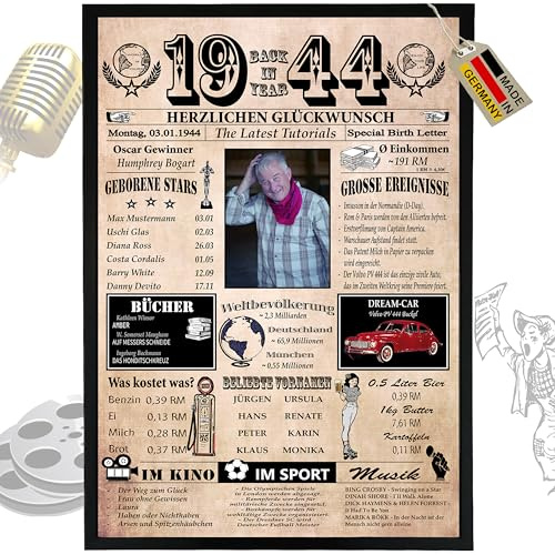 DUOMIO Zum 82. Geburtstag | 1944 – 6 Felder PERSONALISIERBAR! Back in Year 1944 – Jahreschronik – Geschenk zum 82. Geburtstag für Frauen & Männer – Ausdruck auf 400g/m² Premium Papier