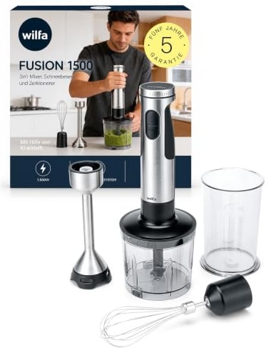 Wilfa FUSION 1500 Stabmixer - 3in1 Mixer, Schneebesen und Zerkleinerer - Zerkratzt keine Töpfe, Pfannen oder Schalen - 2-Tasten-Bedienung - Motorschutzsystem bei falscher Bedienung - 1.500W