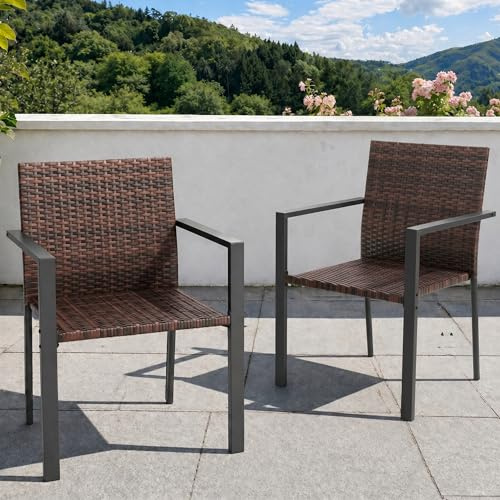 UDPATIO Gartenstühle Stapelbar 2er Set, Gartenstuhl Hochlehner aus Polyrattan, Rattan Stühle, Stapelstühle Wetterfest, Balkonstuhl Metall, Terrassenstühle für Garten, Outdoor, Braun