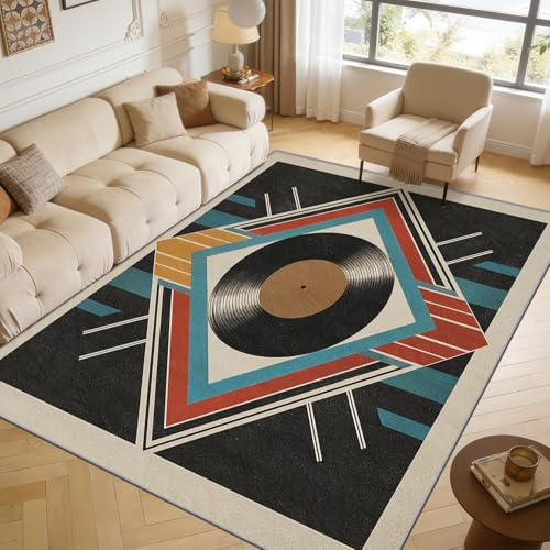 TerroVee Schallplatte Teppich Waschbar, Musik Motiv Teppich 80x150 cm, Retro rutschfest Waschbar Pflegeleicht Teppiche Für Schlafzimmer Küche, Schwarz Creme Blaugrün