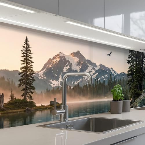 KitchenYeah© Spritzschutz Küchenrückwand Selbstklebend Küche Rückwand | 80x300 cm - Küchenwand Wand Küchenfront Verkleidung Küchenspritzschutz Berge - Wasser - Bäume