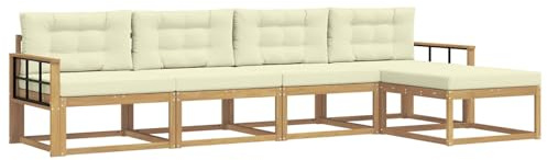 vidaXL Outdoor-Sofagarnitur mit Kissen 4 pcs Weiß und Creme Polyester, Gartenmöbel Set, modern, wetterfest, Sitzgruppe, Ecksofa, Akazienholz, braun, modulare Lounge