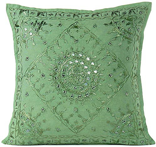 Eyes of India - Spiegel Bestickt Dekorativ Sofa Couch Kissenbezug Überwurf Schutzhülle Bohemian Akzent Boho Chic Bunt Indische Handarbeit Abdeckung - Grün, 16 X 16 in. (40 X 40 cm)