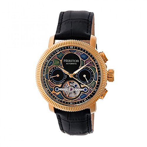 HERITOR Aura Automatic Watch for Men – 44mm Men's Skeleton Watch with Jeweled Automatic Movement, 316L Stainless Steel Case, Sapphire-Coated Mineral Crystal, Leather Strap (HERHR3503) - Rose Gold/Black