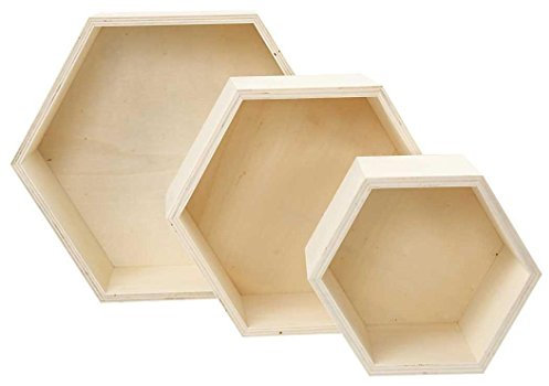 Aufbewahrungsboxen, sechseckig, A 14,8+19+24,2 cm, Tiefe 10 cm, Sperrholz, 3 Stück