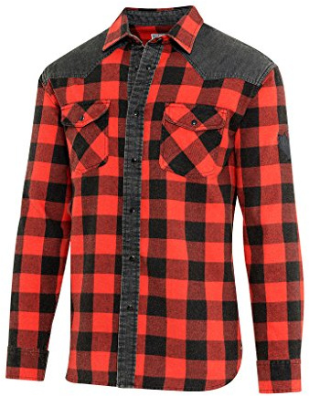 STARS & STRIPES Westernhemd Lumberjack Red – Stone-Washed Look mit Black-Denim Schulterbesatz & Ahornblatt-Applikation