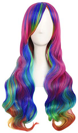 MapofBeauty 28 Zoll/70cm Damen Glatt Pony Mehrfarbig Cosplay Länge Locken Glamor Perücke (Regenbogen Farbe)