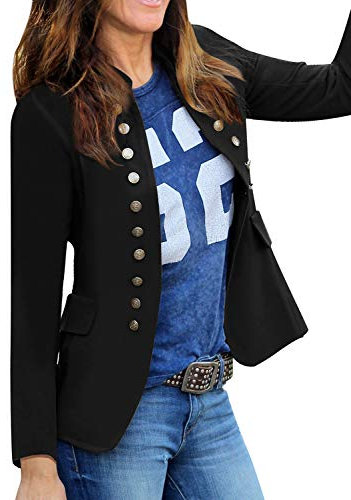 Roskiky - Giacca casual da donna, a tinta unita, aperta sul davanti, colletto alla coreana, con bottoni, giacca da ufficio, Nero , S