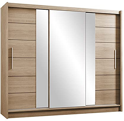 Furniture24 Kleiderschrank LIZBONA II 250 Schlafzimmer 2 Türiger Schwebetürenschrank Schrank mit Kleiderstange 8 Einlegeboden Spiegel 2 Schubladen Sonoma Eiche Schiebetür