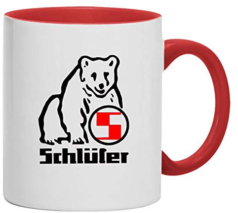 Schlüter Bärenlogo Tasse Kaffeebecher Keramik, 330 ml Inhalt | Weiß/Rot