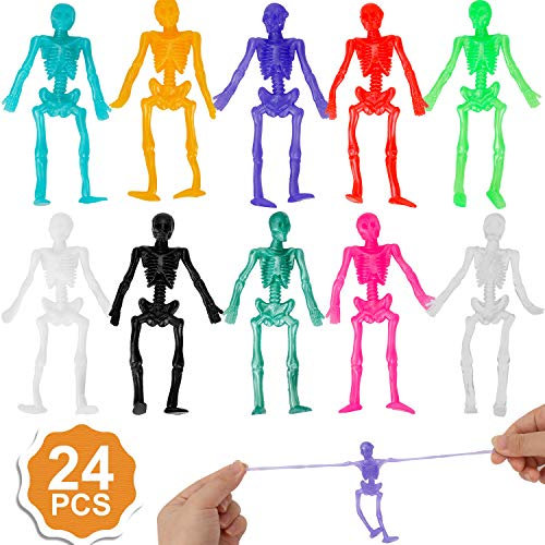 Qpout 24 Stück Einziehbare Skeleton Spielzeug, Random 10 Color Schädelspielzeug, für Kinder Halloween Geburtstagsgeschenk, Klassenzimmerpreise Mitgebsel