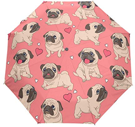 QMIN Automatischer faltbarer Regenschirm mit Mops-Motiv, winddicht, UV-Schutz, kompakt, Regenschirm, für Damen, Herren, Mädchen