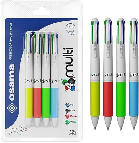 Osama 4 Multi – Set Druckkugelschreiber4-Farben, 4 Stück - 4-Farben-Kugelschreiber, 0,1 mm, mit schwarzer, blauer, roter und grüner Tinte, ideal für Schreib- und Schulbedarf, Universität und Büro
