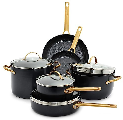 GreenPan Reserve Harteloxierte gesunde Keramik-Antihaftbeschichtung, 10-teiliges Kochgeschirr-Set, Töpfe und Pfannen-Set, goldfarbener Griff, PFAS-frei, spülmaschinenfest, ofenfest, schwarz