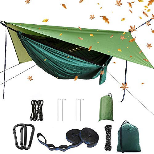 Camping Hängematten Set, Einzel Doppel Hängematte, Moskitonetz, Insektennetz, Regenfliege, hochfestes Fallschirm Stoff Hängebett. Geeignet für Outdoor, Wandern, Camping, Reisen Dunkelgrün