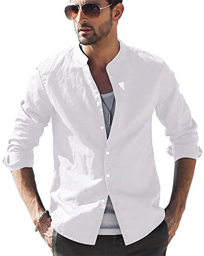 LVCBL Henley - Chemise d'été à manches longues pour homme - Coupe droite, Blanc (02), L