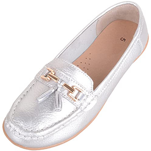 ABSOLUTE FOOTWEAR Womens Slip On Casual Leather Loafer/Deck/Boat Shoes/Sandals - Silver - UK 7