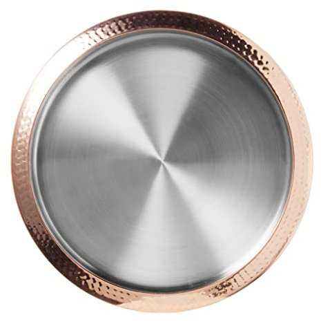 OGGI Rundes Tablett mit Kupferrand 35,6 cm – ideales Couchtisch-Tablett, dekoratives Tablett, Teetablett und Bar-Serviertablett aus Edelstahl mit Kupferrand
