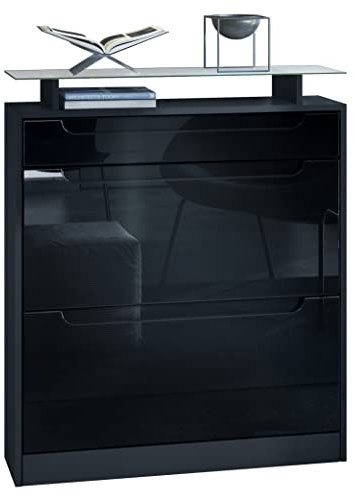Vladon Schuhschrank Fiesta, Schwarz matt/Schwarz Hochglanz - Schuhkipper für 16 Paar Schuhe (89 x 104 x 23 cm)