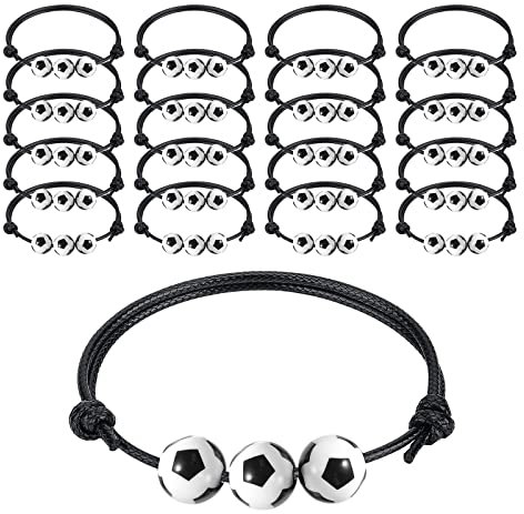 KINBOM 20 Pezzi Braccialetti con Ciondoli Sportivi, Braccialetti Regolabili Uomo Braccialetto Sportivo Braccialetto di Corda Nera per Feste di Compleanno per Ragazzi Ragazze (Calcio)