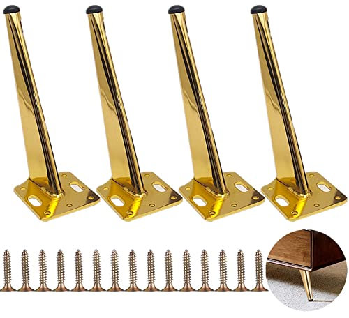 KMERCE 4 Stück Möbelfüße Metall Gold, Schrankfüsse 18cm, Kommodenfüße, Sofa füße, Füße für möbel, Tischbeine für Couchtisch, TV-Schrank, Bettfuß, Mit Schrauben+Anti-Rutsch Stummschaltbasis