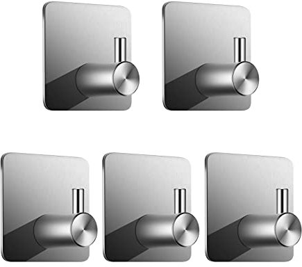 Klebehaken extra stark, 5 Stück Handtuchhalter ohne bohren Kleiderhaken Wand Haken Selbstklebend Garderobenhaken aus Edelstahl Ideal für Badezimmer deko Bad Garderobe Küche Toilette Büro, Silber