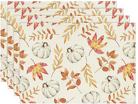 Artoid Mode Orange Kürbisse Blätter Herbst Platzsets 4er Set, 30x45cm Urlaub Tischsets Waschbar Platzdeckchen Küche Party Deko