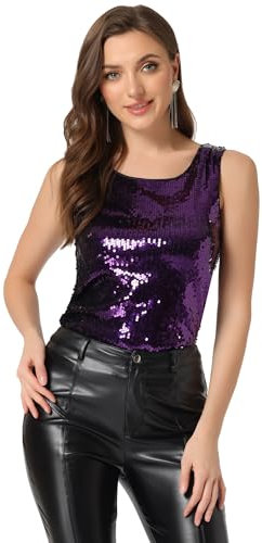 Allegra K Damen Pailletten Oberteil Ärmellos Rundhals Glitzer Metallic Glänzend Party Sparkle Tanktop Bluse Lila L